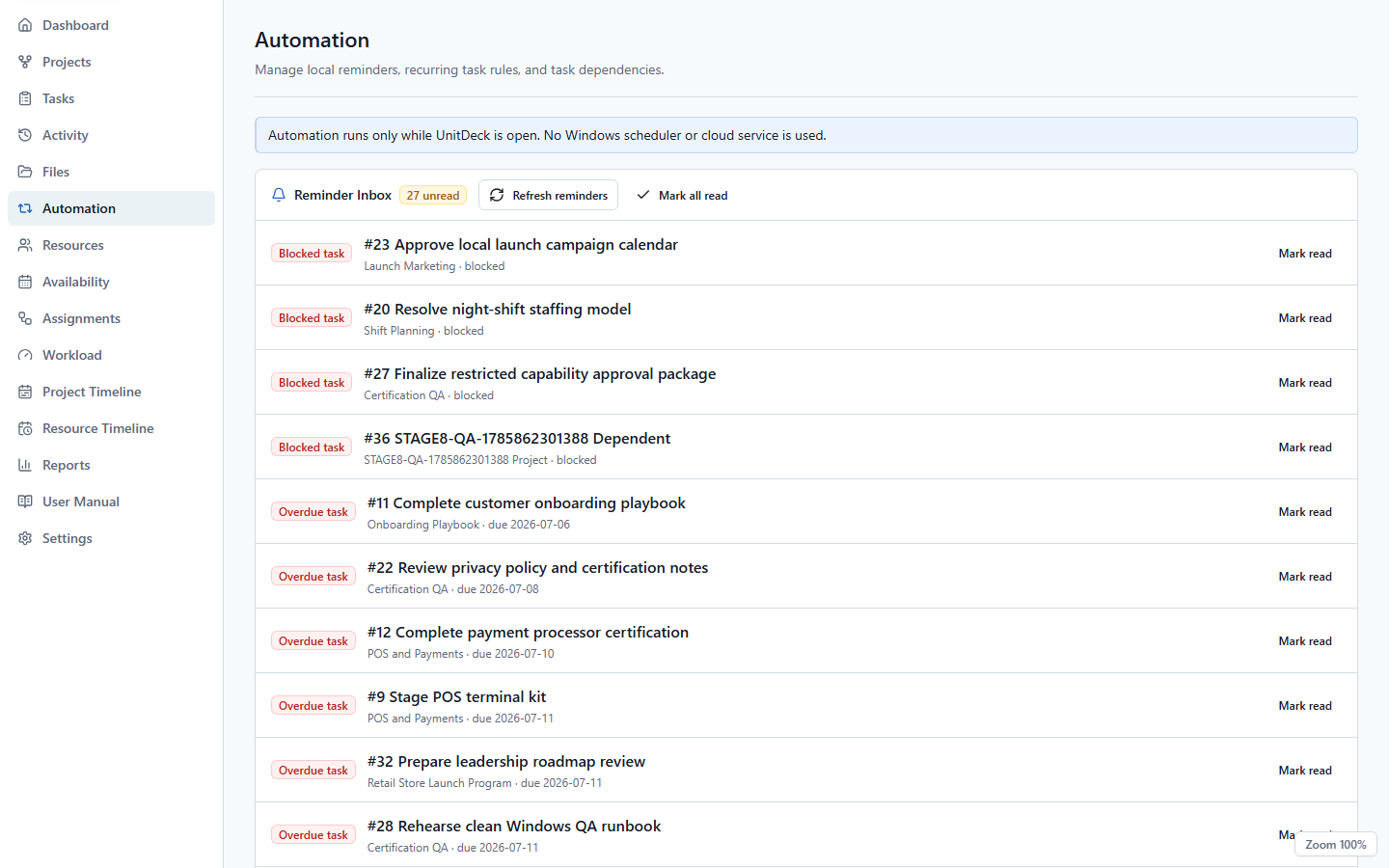 UnitDeck Automation view for reminders and recurring tasks