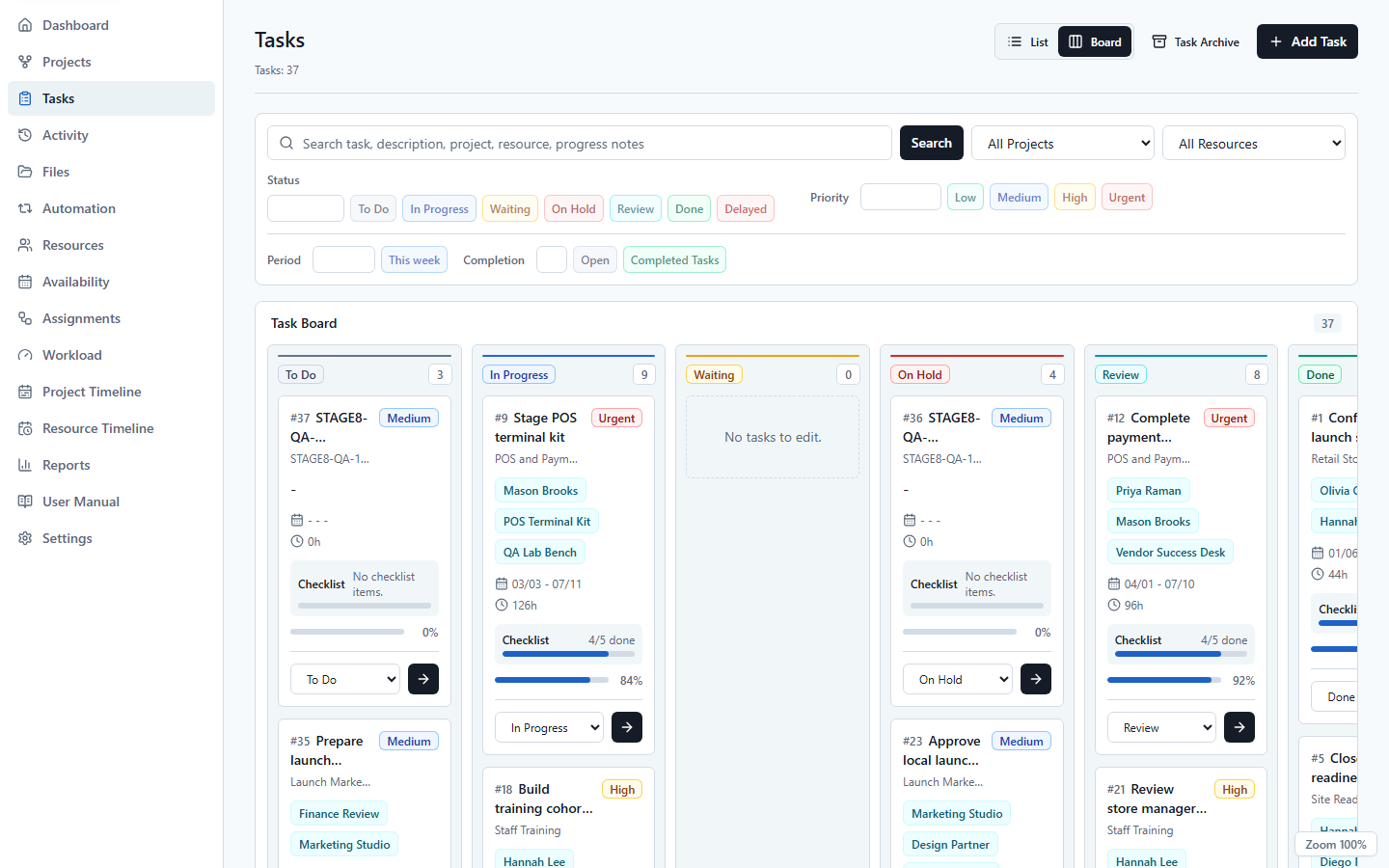 UnitDeck task board organized into status columns
